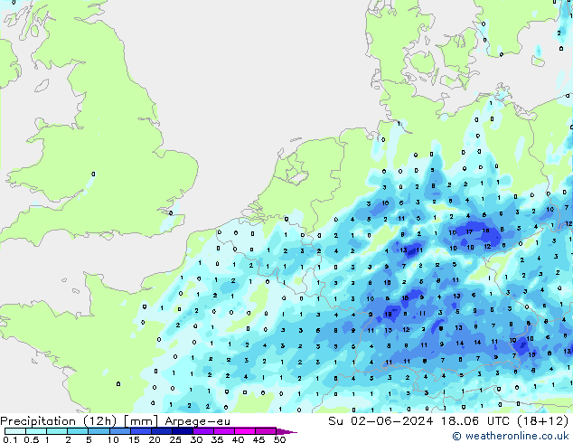Precipitation (12h) Arpege-eu Su 02.06.2024 06 UTC