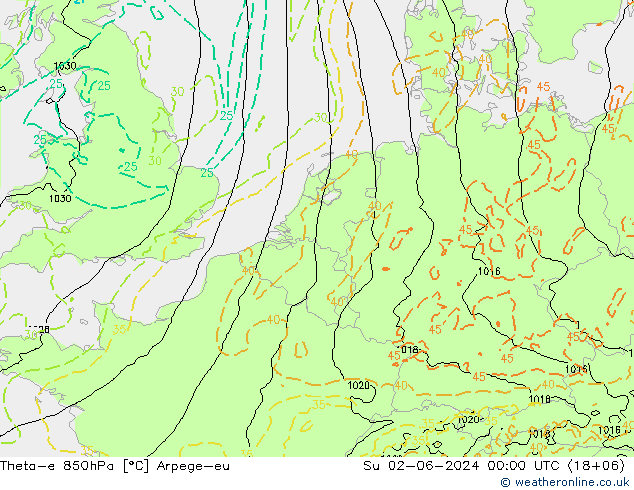 Theta-e 850hPa Arpege-eu Su 02.06.2024 00 UTC