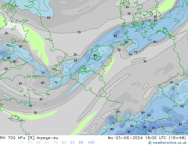 RH 700 hPa Arpege-eu Po 03.06.2024 18 UTC