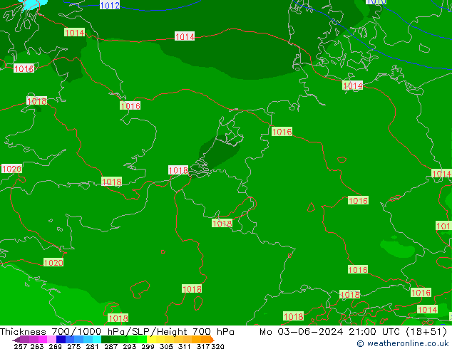 Espesor 700-1000 hPa Arpege-eu lun 03.06.2024 21 UTC