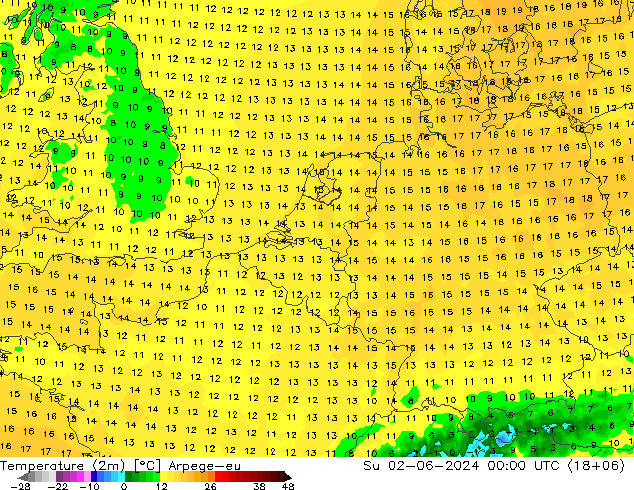 Temperature (2m) Arpege-eu Su 02.06.2024 00 UTC