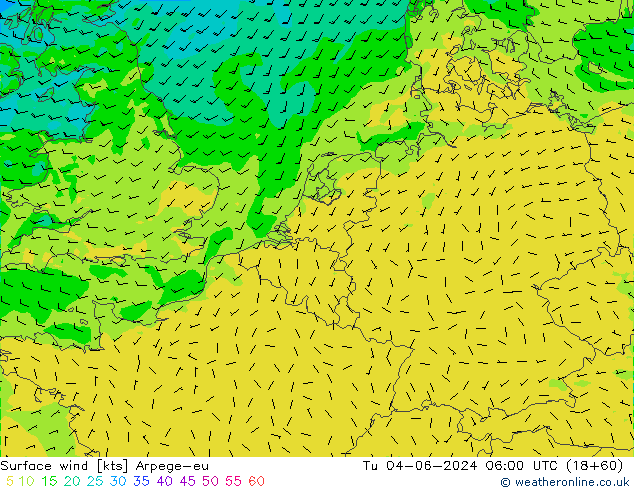 Surface wind Arpege-eu Tu 04.06.2024 06 UTC