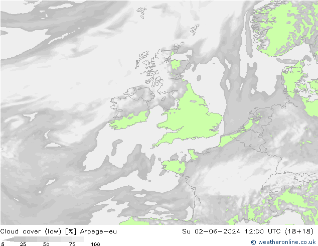 Cloud cover (low) Arpege-eu Su 02.06.2024 12 UTC