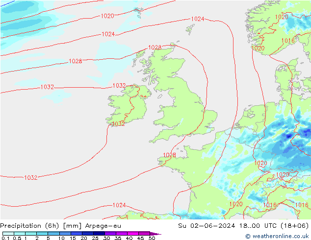 Precipitation (6h) Arpege-eu Su 02.06.2024 00 UTC