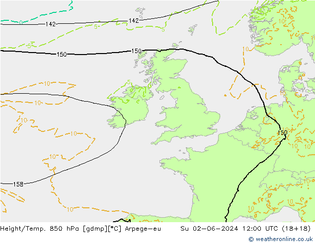 Height/Temp. 850 hPa Arpege-eu Su 02.06.2024 12 UTC