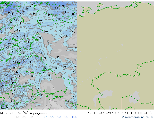 Humedad rel. 850hPa Arpege-eu dom 02.06.2024 00 UTC