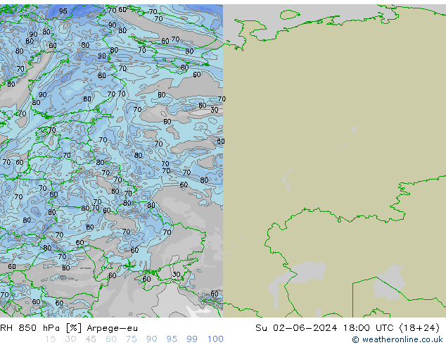 RH 850 hPa Arpege-eu Su 02.06.2024 18 UTC
