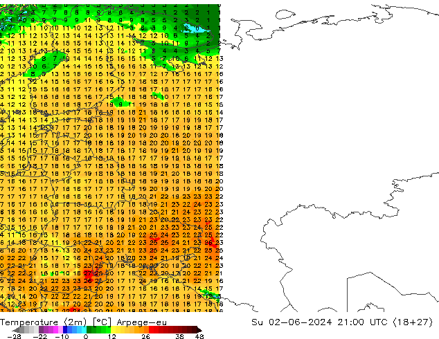Temperature (2m) Arpege-eu Su 02.06.2024 21 UTC