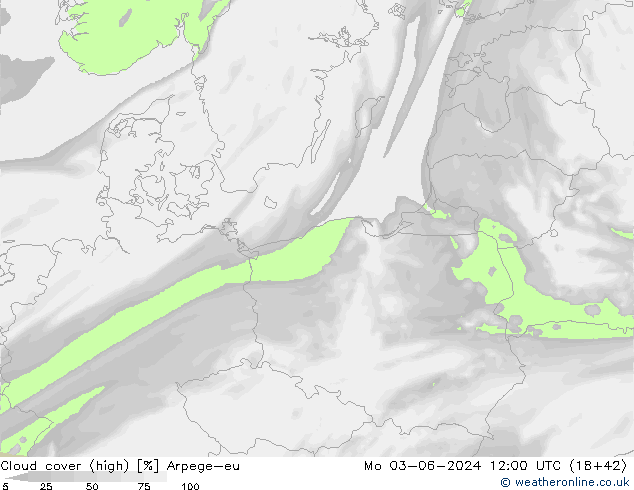 Cloud cover (high) Arpege-eu Mo 03.06.2024 12 UTC