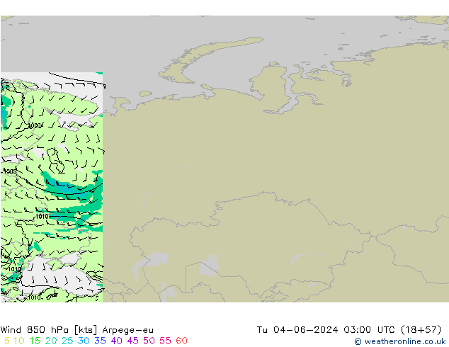 Wind 850 hPa Arpege-eu Út 04.06.2024 03 UTC
