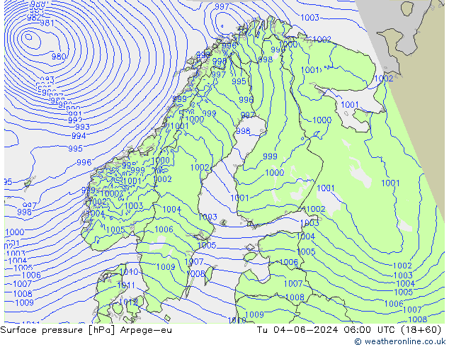 Surface pressure Arpege-eu Tu 04.06.2024 06 UTC