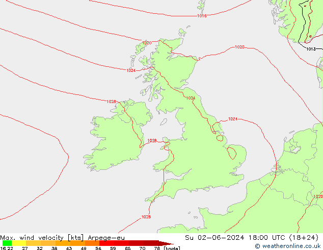 Maks. Rüzgar Hızı Arpege-eu Paz 02.06.2024 18 UTC