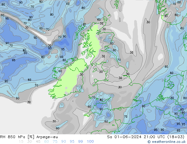 RH 850 hPa Arpege-eu sab 01.06.2024 21 UTC