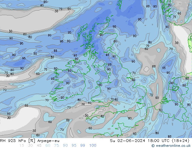 RH 925 hPa Arpege-eu nie. 02.06.2024 18 UTC