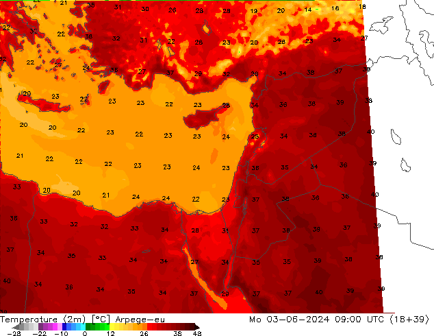 Temperature (2m) Arpege-eu Po 03.06.2024 09 UTC