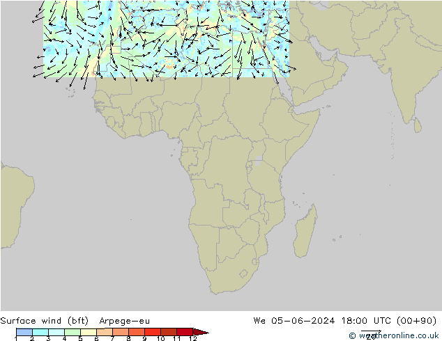 Wind 10 m (bft) Arpege-eu wo 05.06.2024 18 UTC