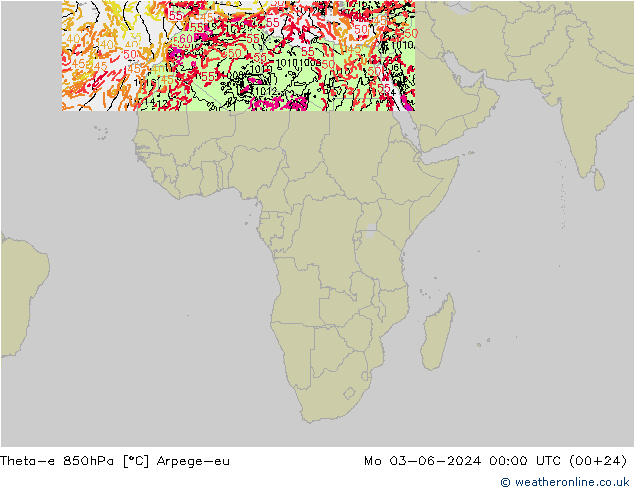 Theta-e 850hPa Arpege-eu lun 03.06.2024 00 UTC