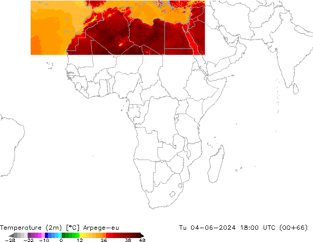 température (2m) Arpege-eu mar 04.06.2024 18 UTC