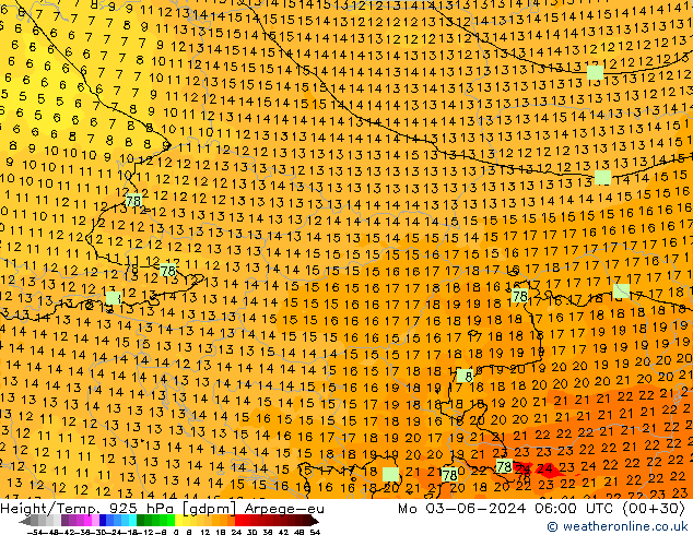 Height/Temp. 925 hPa Arpege-eu  03.06.2024 06 UTC