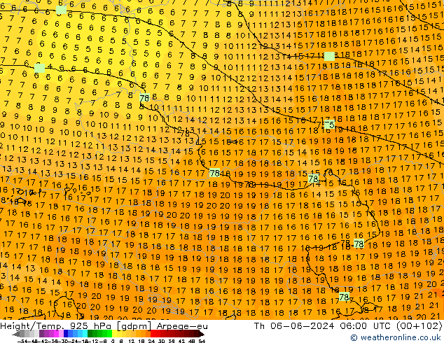 Height/Temp. 925 hPa Arpege-eu Do 06.06.2024 06 UTC