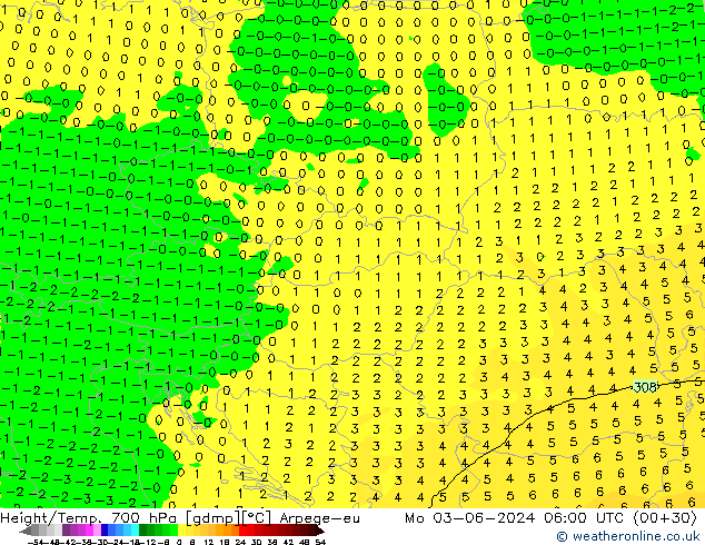 Height/Temp. 700 hPa Arpege-eu  03.06.2024 06 UTC