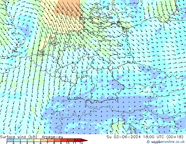 Surface wind (bft) Arpege-eu Su 02.06.2024 18 UTC