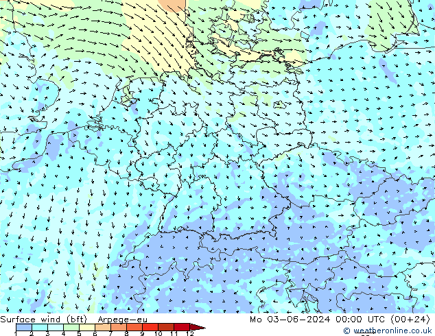 Wind 10 m (bft) Arpege-eu ma 03.06.2024 00 UTC