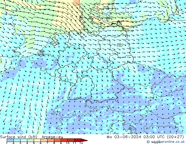 Surface wind (bft) Arpege-eu Po 03.06.2024 03 UTC