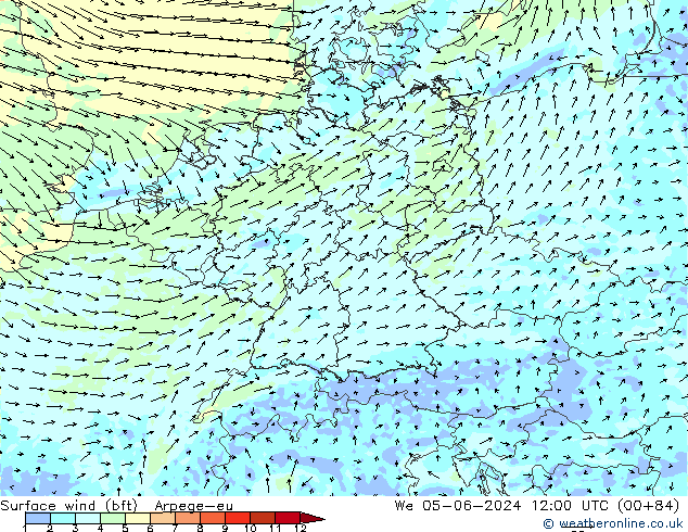 Surface wind (bft) Arpege-eu We 05.06.2024 12 UTC
