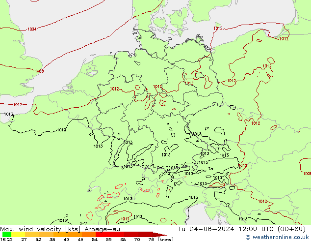 Max. wind velocity Arpege-eu mar 04.06.2024 12 UTC