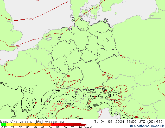 Max. wind velocity Arpege-eu mar 04.06.2024 15 UTC