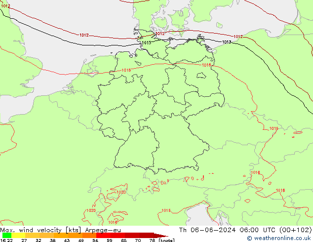 Max. wind velocity Arpege-eu Čt 06.06.2024 06 UTC