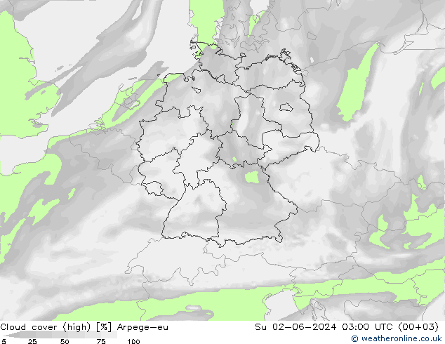 Cloud cover (high) Arpege-eu Su 02.06.2024 03 UTC