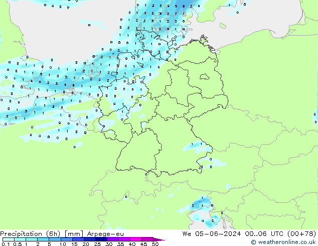 Totale neerslag (6h) Arpege-eu wo 05.06.2024 06 UTC