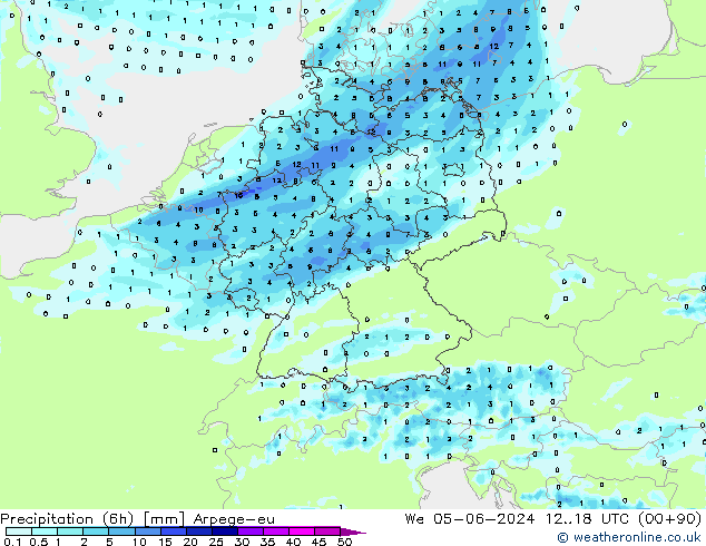Totale neerslag (6h) Arpege-eu wo 05.06.2024 18 UTC