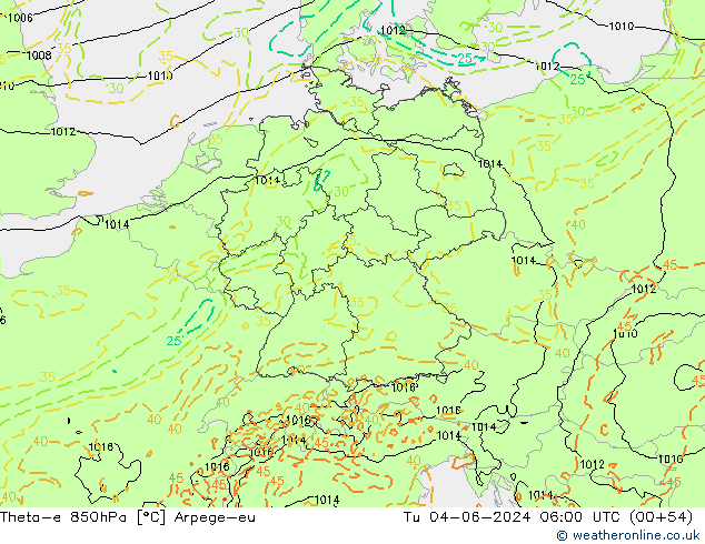 Theta-e 850гПа Arpege-eu вт 04.06.2024 06 UTC