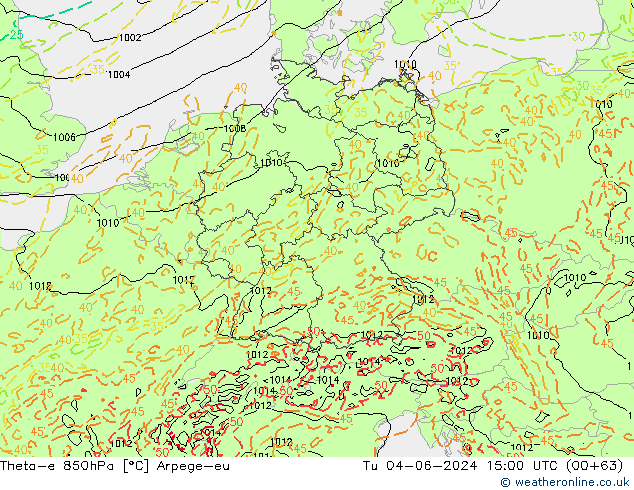 Theta-e 850hPa Arpege-eu Sa 04.06.2024 15 UTC