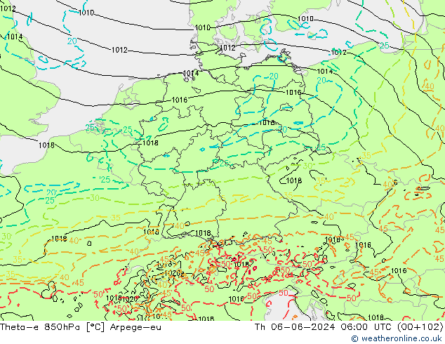 Theta-e 850hPa Arpege-eu do 06.06.2024 06 UTC