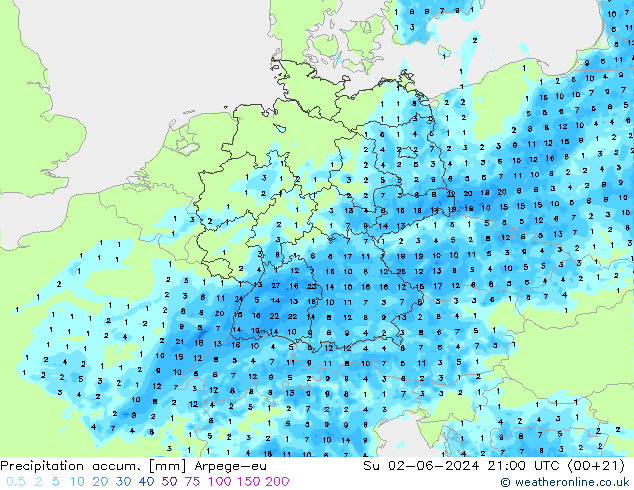 Precipitation accum. Arpege-eu Dom 02.06.2024 21 UTC