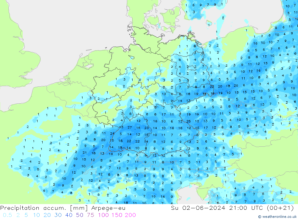 Precipitación acum. Arpege-eu dom 02.06.2024 21 UTC