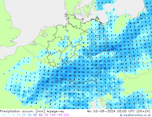 Precipitation accum. Arpege-eu Mo 03.06.2024 00 UTC