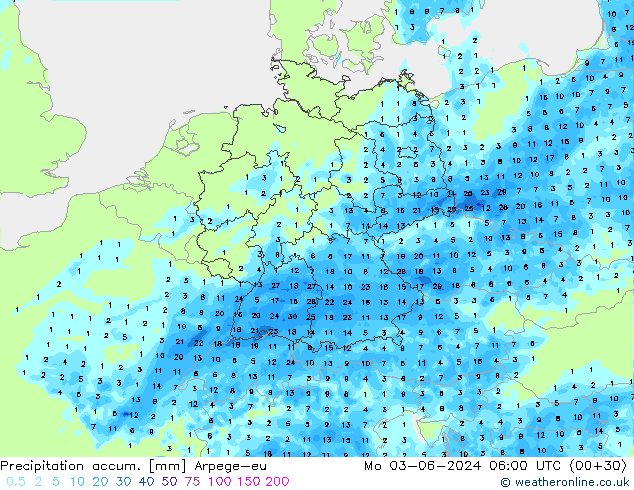 Precipitation accum. Arpege-eu Mo 03.06.2024 06 UTC