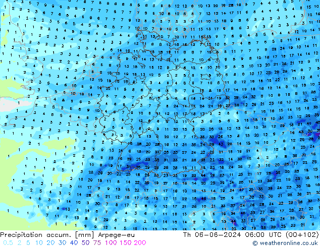 Precipitation accum. Arpege-eu czw. 06.06.2024 06 UTC