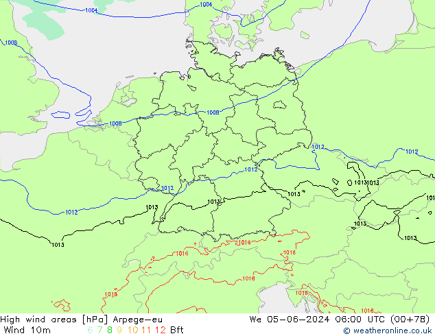 High wind areas Arpege-eu We 05.06.2024 06 UTC