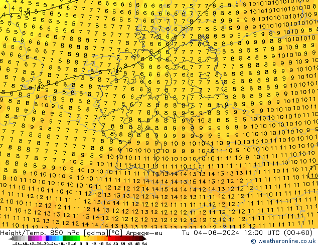 Géop./Temp. 850 hPa Arpege-eu mar 04.06.2024 12 UTC