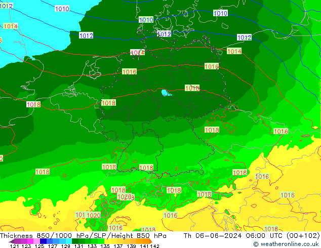 Thck 850-1000 hPa Arpege-eu Čt 06.06.2024 06 UTC