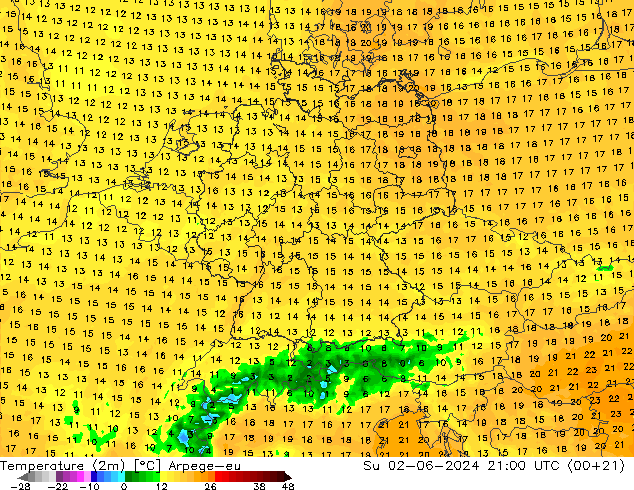 Temperaturkarte (2m) Arpege-eu So 02.06.2024 21 UTC