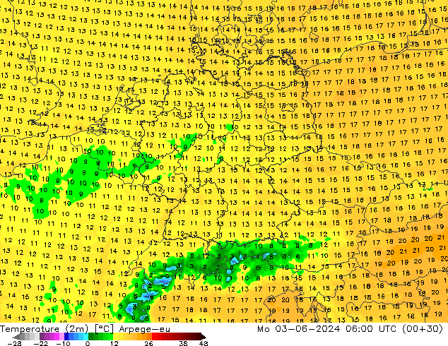 Temperature (2m) Arpege-eu Mo 03.06.2024 06 UTC