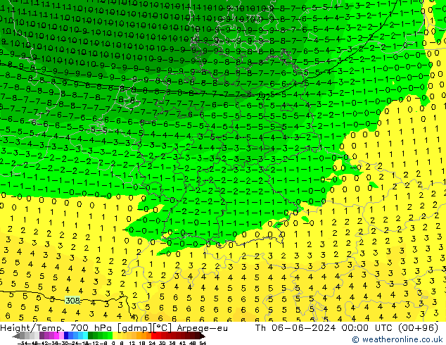 Height/Temp. 700 hPa Arpege-eu gio 06.06.2024 00 UTC