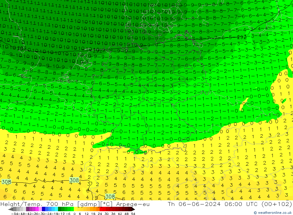 Yükseklik/Sıc. 700 hPa Arpege-eu Per 06.06.2024 06 UTC